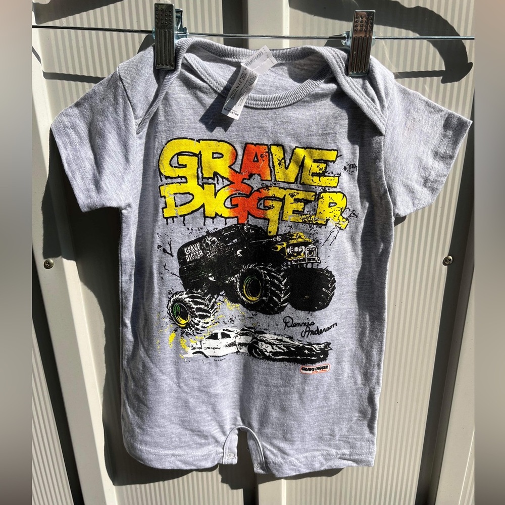 18M never worn gray, black, yellow and red Grave Digger jumpsuit